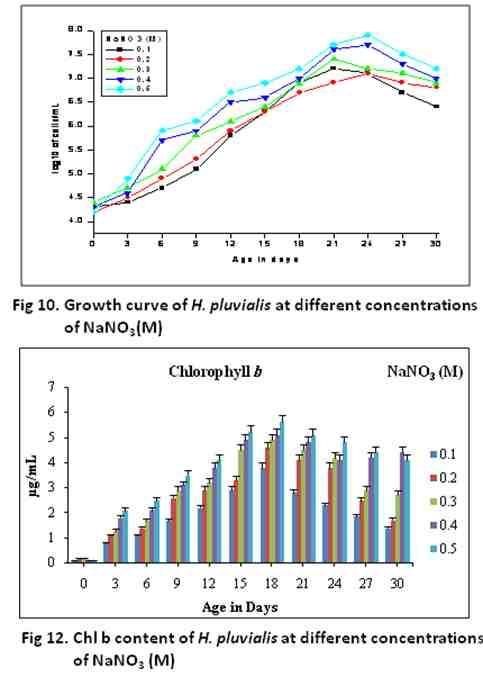 Effect of different concentrations of NaNO 3 The alga Haematococcus pluvialis showed growth in the medium amended with different concentrations of NaNO 3. Maximum cell number of 6.