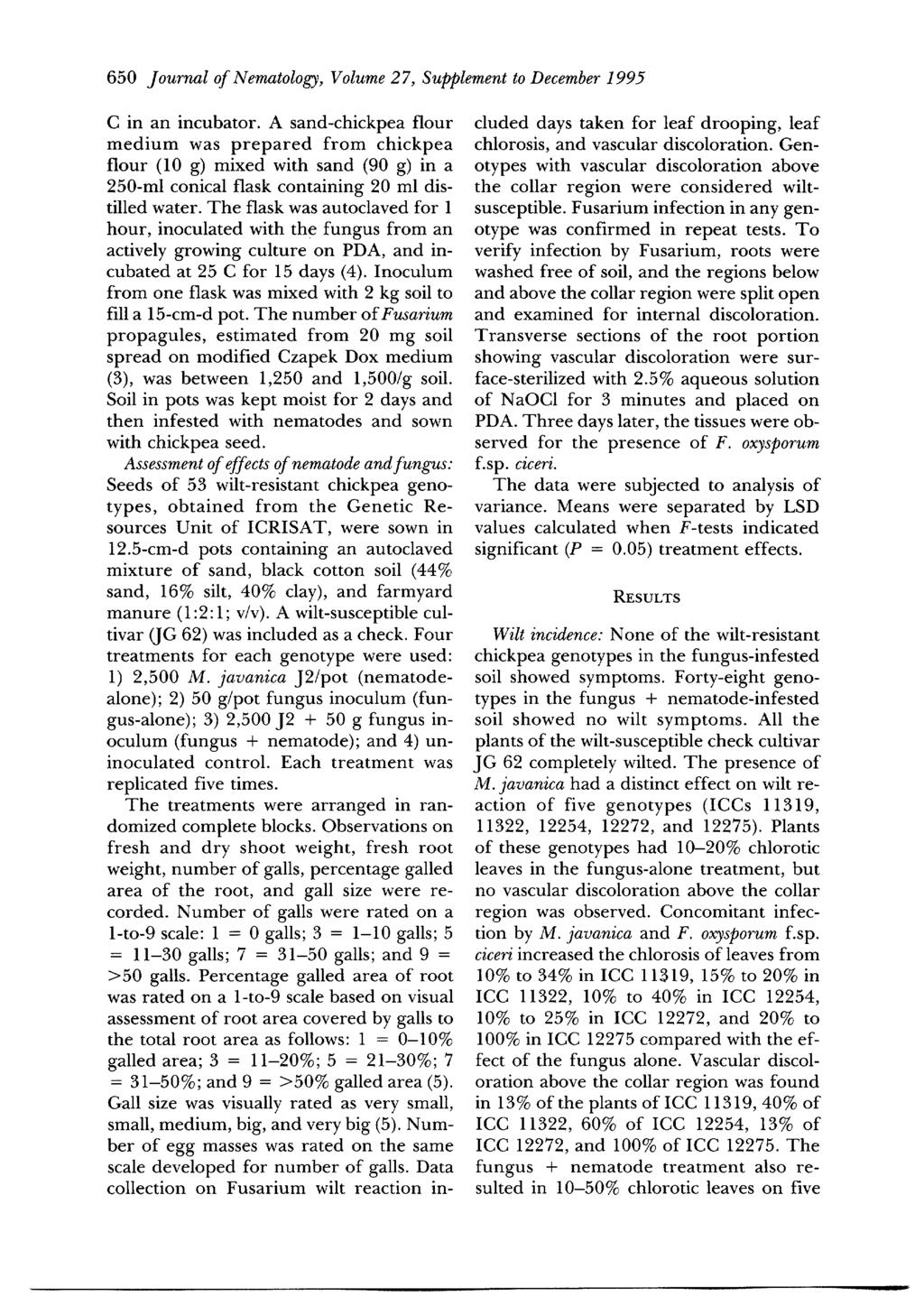 650 Journal of Nematology, Volume 27, Supplement to December 1995 C in an incubator.