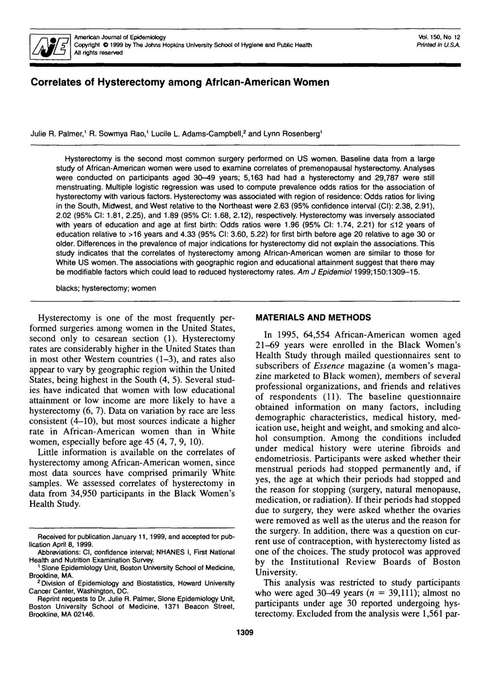 American Journal of Epidemiology Copyright O 99 by The Johns Hopkins University School of Hygiene and Public Health All rights reserved Vol. 150, Printed In USA.