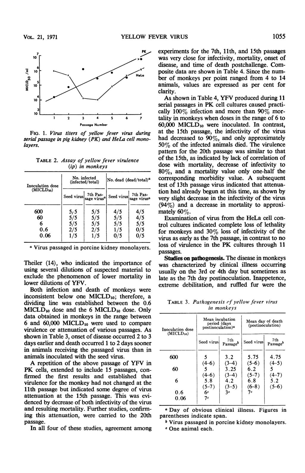 VOL. 21, 1971 YELLOW FEVER VIRUS 1055 7.- 10 6 E 10- tn 5 Li 10 104I 10 0 1 2 3 4 5 6 7 Passage Number FIG. 1. Virus titers of yellow fever virus during serial passage in pig kidney (PK) and HeLa cell monolayers.