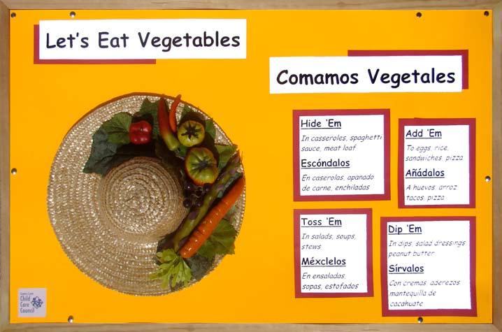 Let s Eat Vegetables A real straw hat, decorated with colorful vegetables and green leaves, catches one s eye. The message describes simple ideas for including vegetables in children s daily diets.