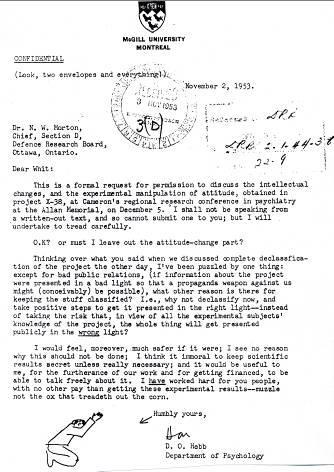 Hebb begs to publish On 2 November 1953, Hebb begged Morton to declassify his research on project X-38 and allow him to report on it in public.