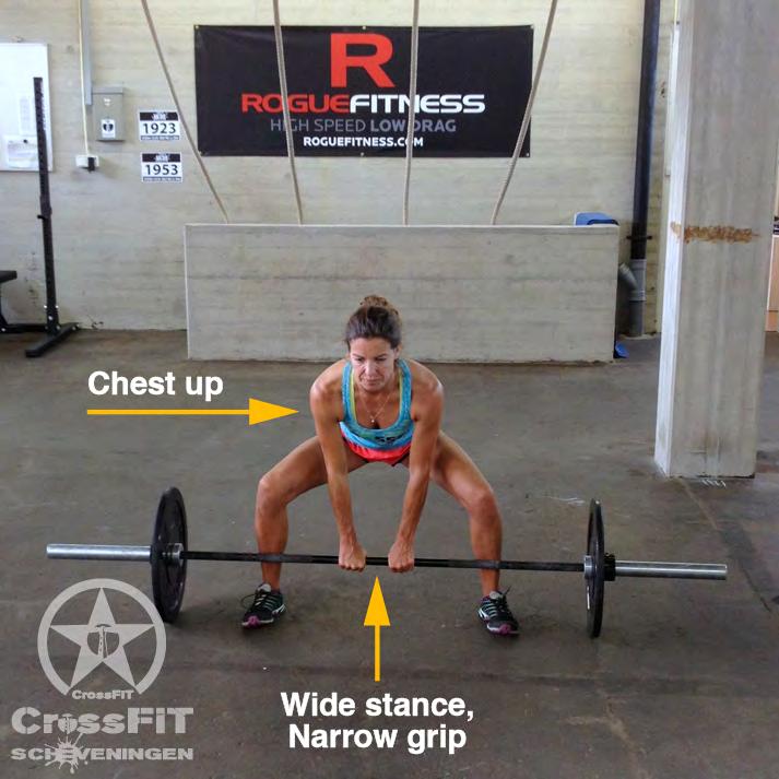 3.2 Sumo Deadlift High Pull SETUP: Step forward until the bar is over your shoes where your laces begin Stance = Wider than shoulder width, but not so wide that the knees roll inside the feet Perform