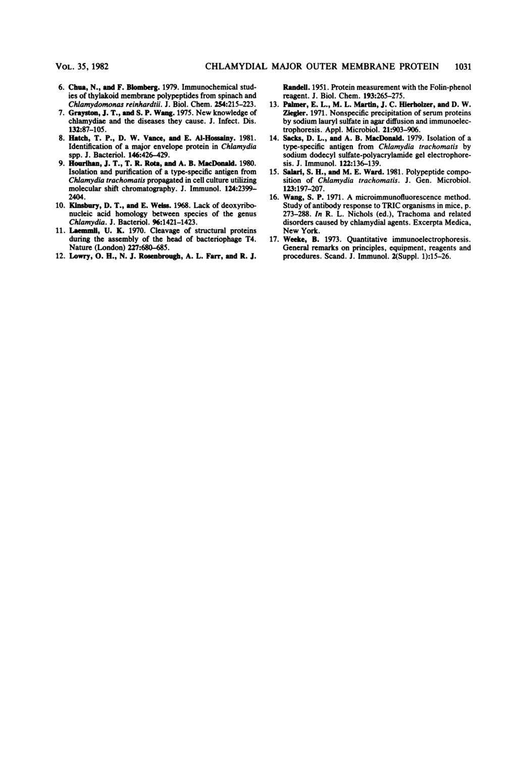 VOL. 35, 1982 CHLAMYDIAL MAJOR OUTER MEMBRANE PROTEIN 1031 6. Chua, N., and F. Blomberg. 1979. Immunochemical studies of thylakoid membrane polypeptides from spinach and Chlamydomonas reinhardtii. J.