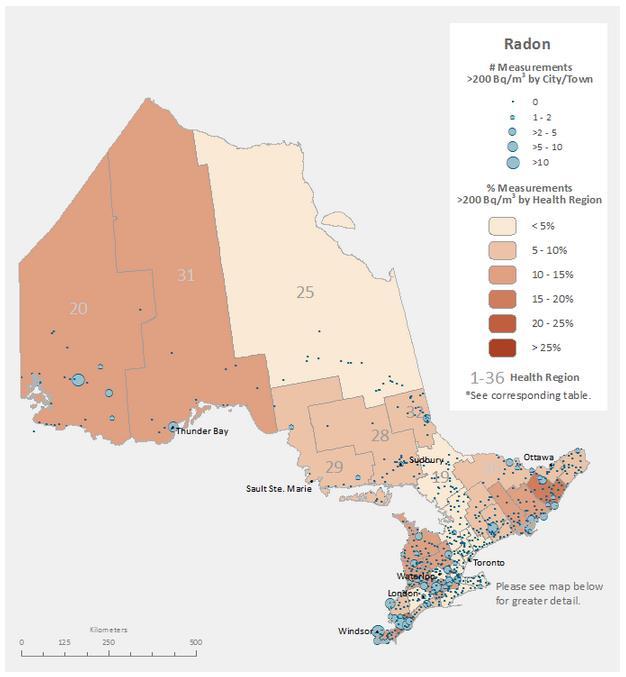 Figure 1: CAREX Canada s map displaying the results of Health Canada s Cross Canada Radon Survey (Phase 1 and 2) for Ontario, by health