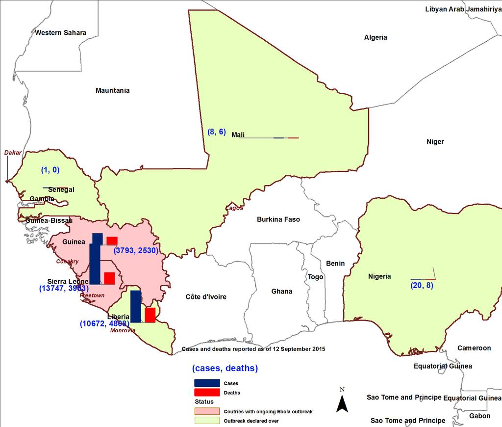 Ebola Virus Disease in West Africa (Situa+on as of 12 September 2015) As of 04 September 2015, a total of 28 241 EVD cases including 11 305 deaths have been reported from six West African countries