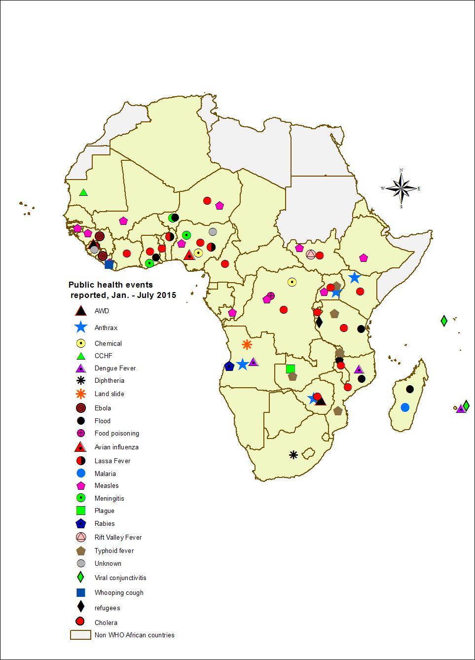 Public Health Events reported in the WHO African Region (Situa+on as of July 2015) q According to data received from the Early Warning System through the Event Management System (EMS), 70 public