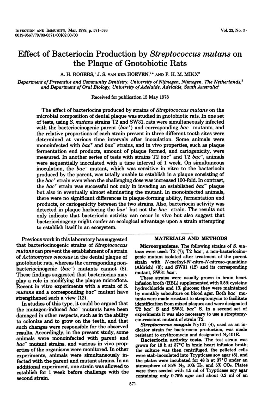 INFECTION AND IMMUNITY, Mar. 1979, p. 571-576 0019-9567/79/03-0571/00$02.00/00 Vol. 23, No. 3 Effect of Bacteriocin Production by Streptococcus mutans on the Plaque of Gnotobiotic Rats A. H.