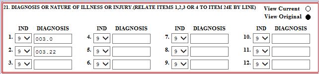 The User can view the submitted ICD-10 diagnosis codes by selecting the VIEW ORIGINAL radio button.