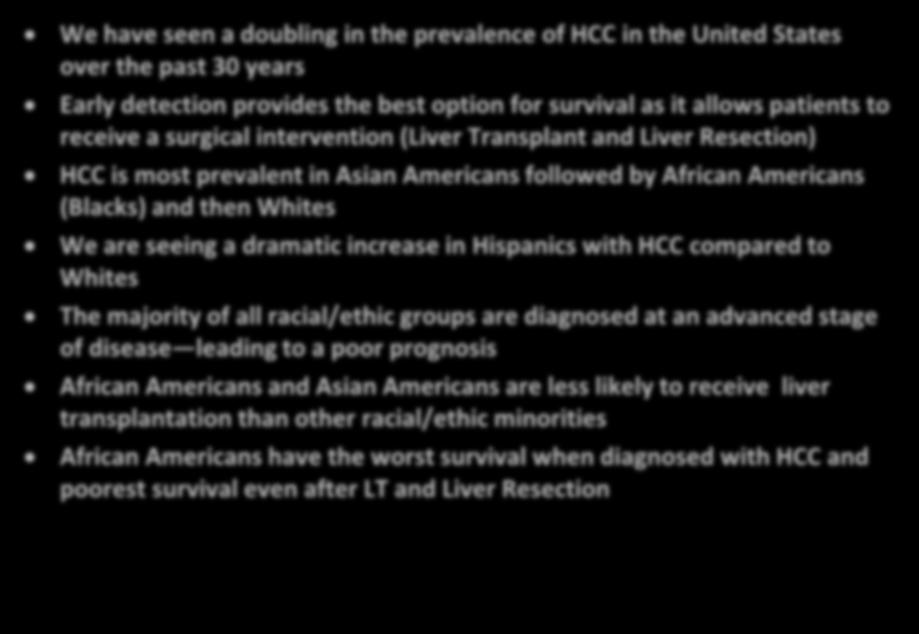 Summary We have seen a doubling in the prevalence of HCC in the United States over the past 30 years Early detection provides the best option for survival as it allows patients to receive a