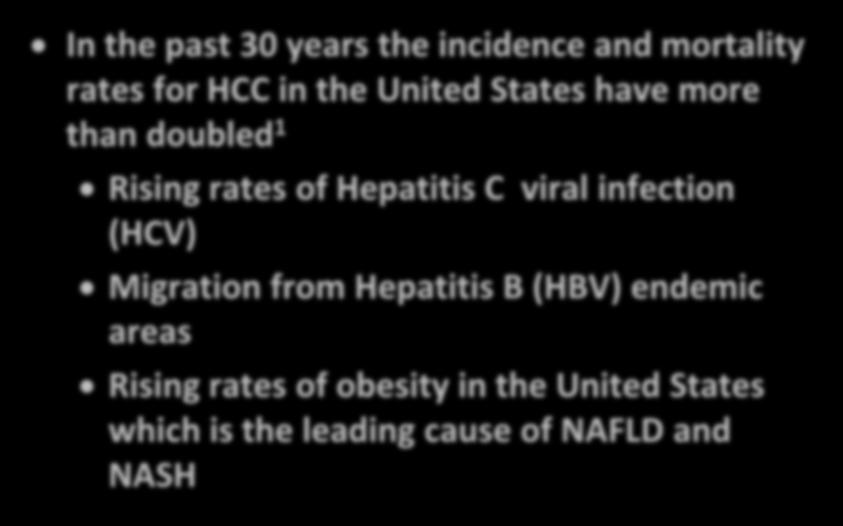 Epidemiology Primary Liver Cancer In the past 30 years the incidence and mortality rates for HCC in the United States have more than doubled 1 Rising rates of Hepatitis C viral