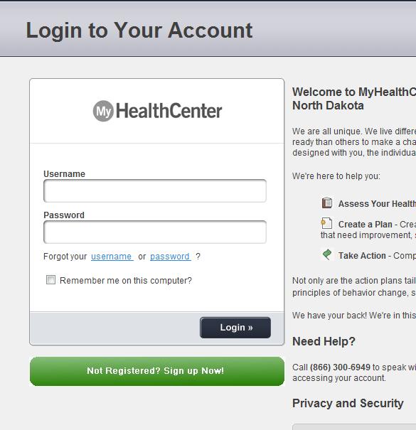 Getting Started On-line: It is best to use Internet Explorer with this newest version of MyHealthCenter. Go to www.ndwellnesscenter.com You will come to a page with a woman in a green shirt.