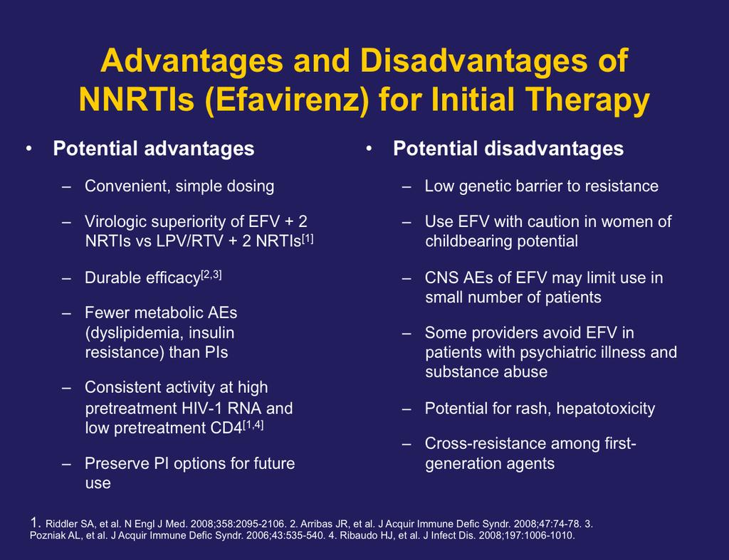 AE, adverse event; CNS, central nervous system; EFV, efavirenz; LPV, lopinavir; RTV, ritonavir. The alternative to PI-based regimens is the NNRTI class, particularly efavirenz.