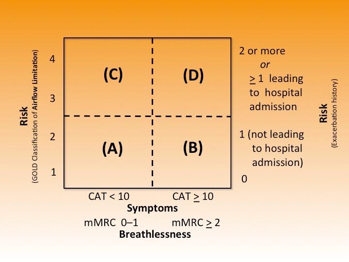 Patient Characteristic Spirometric Classification A B C D Low Risk Less Symptoms Low Risk More Symptoms High Risk Less Symptoms High Risk More Symptoms Global Strategy for Diagnosis, Management and