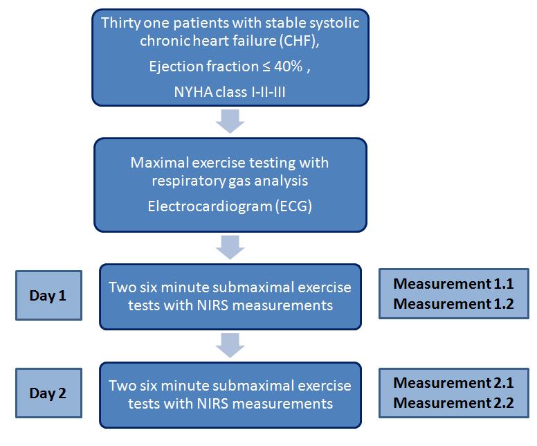 Figure 4.1: Flow chart of the different exercise tests performed by the thirty one included chronic heart failure (CHF) patients.