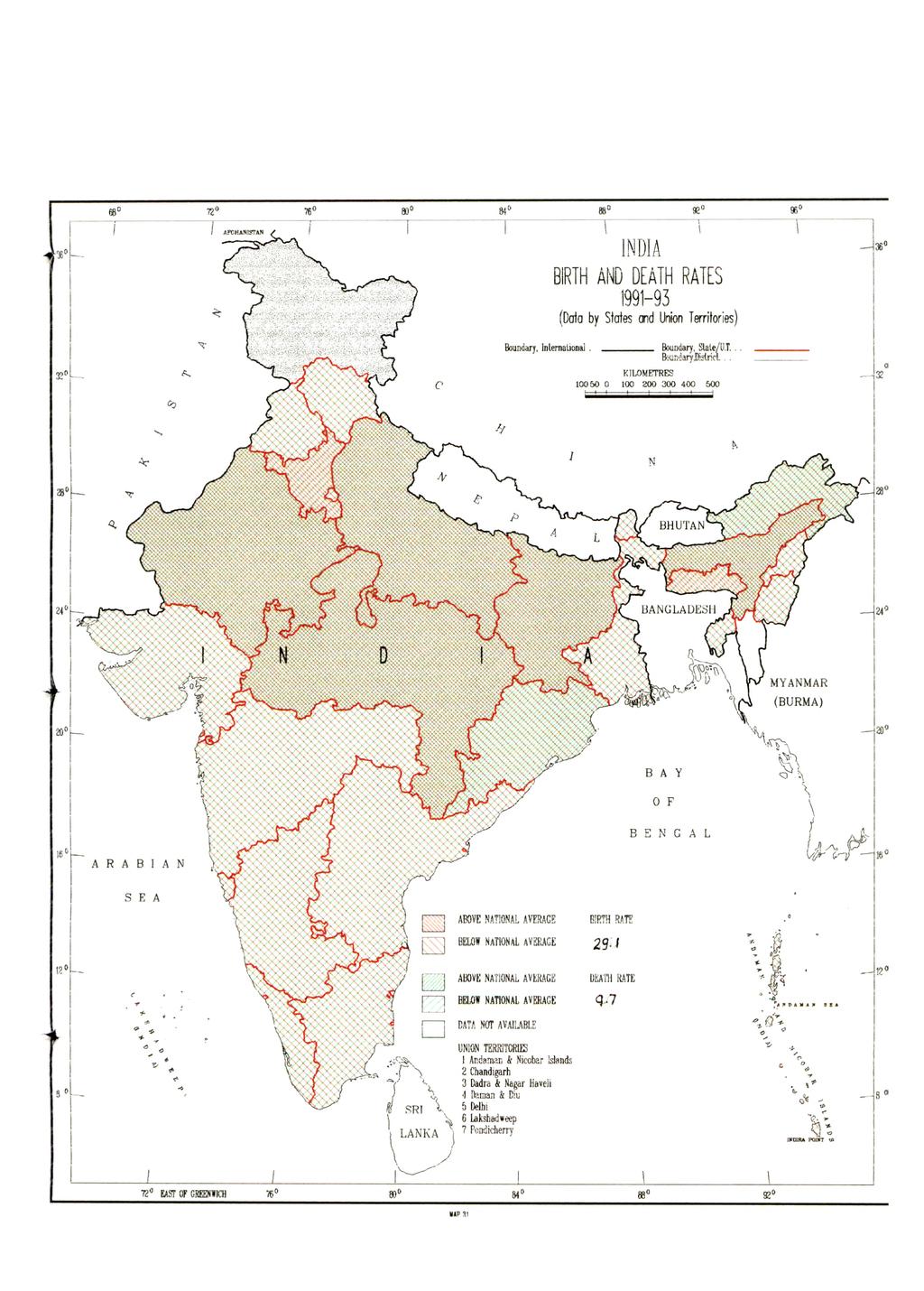 V.' 76' INDIA BIRTH AND DEATH RATES 1991-93 (Data by States and Union Territories) Bounoary, international Boundary, Slate/ ITT, Bound ary District.
