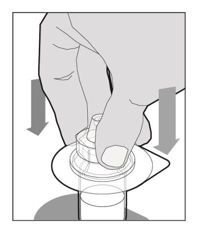 Place the vial on a flat and solid surface and use one hand to hold the vial steady. Use the other hand to place the vial adapter over the vial.