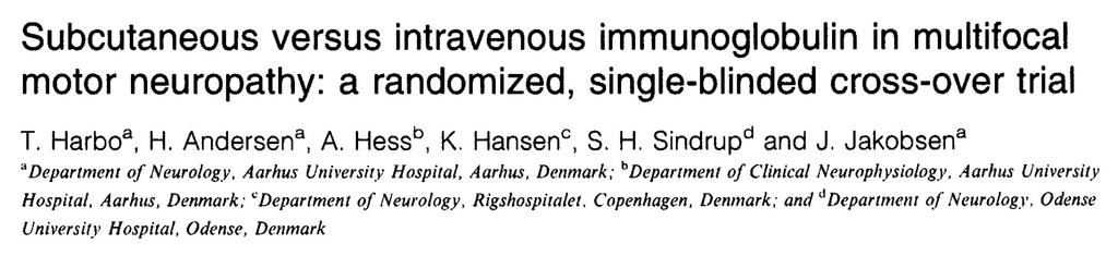 Eur J Neurol 2009; 16: 631-8 a) 9 patients in a single blinded cross-over study of IVIg vs SCIg b) IVIg (+4.3%) & SCIg (+3.