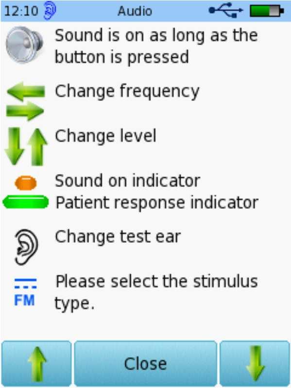 Present the Tone by tapping the speaker button. Store your response by tapping the yellow square, tapping twice will score a No Response for that frequency (NR).