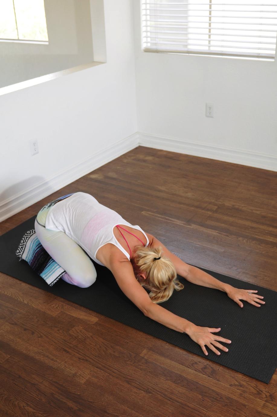 Child s pose (balasana) Benefits: Gently Stretches the hips, thighs and ankles. Calms the brain (nervous system). Lengthens and stretches spine. Relieves tension in back neck and shoulders.