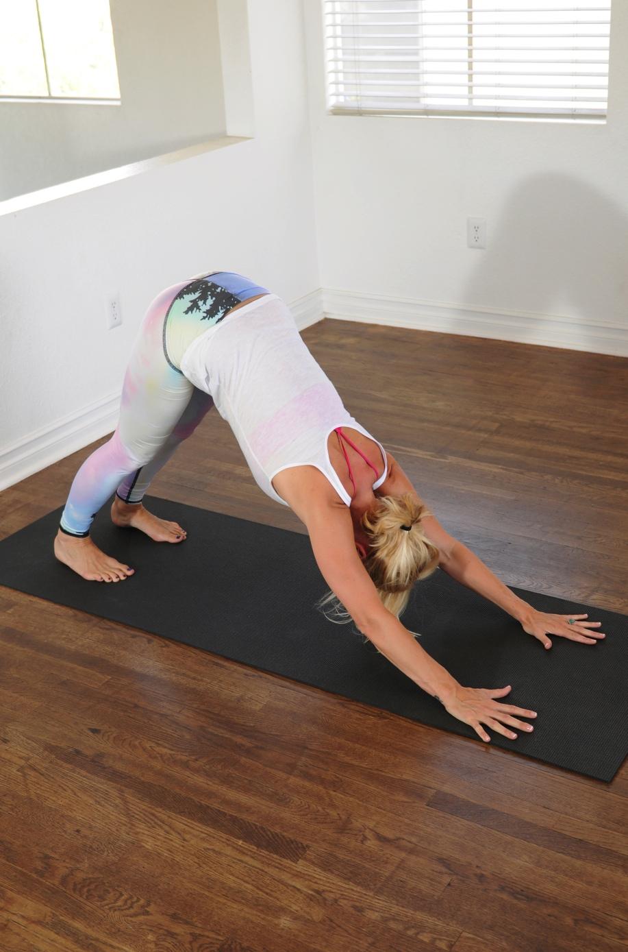 Down dog (Adho Mukha Svanasana) Benefits: Calms nervous system and helps relieve stress. Stretches shoulders, calves, hamstrings and arms. Improves digestion. Relieves insomnia, back pain and fatigue.