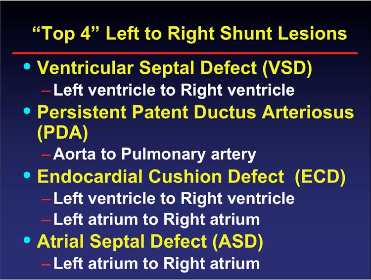 Top 4 Left to Right Shunt Lesions Ventricular Septal Defect (VSD) Left ventricle to