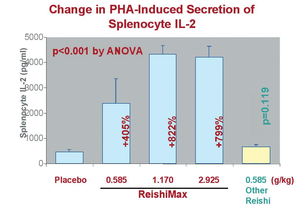 In relation to serum IgG, ReishiMax was 25% more effective than placebo, and just as effective as the leading Reishi competitor in Taiwan (at 0.585 g/kg).