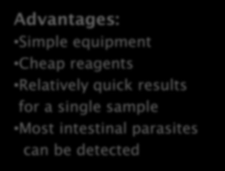 Microscopy Conventional Method Advantages: Simple equipment Cheap reagents Relatively quick