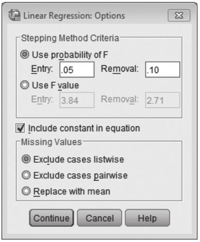 194 PART II: Basic and advanced regression analysis Figure 5b.3 The Linear Regression Options Window 5B.1.4 Analysis Output: Descriptives and Correlations 5B.1.3 Analysis Setup: Options Window Select the Options pushbutton; this displays the Linear Regression: Options dialog window shown in Figure 5b.