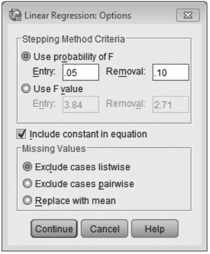 To avoid looping variables continually in and out of the model, it is appropriate to set different probability levels for Entry and Removal. The defaults used by IBM SPSS that are shown in Figure 5b.