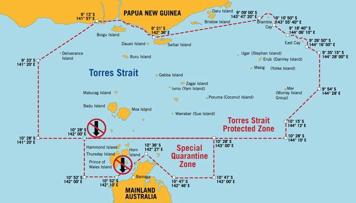 Figure 1 Map of Torres Strait showing the Torres Strait Protected Zone, Special Quarantine Zone and movement restrictions for biosecurity risk material including fruit fly hosts Source:Torres Strait