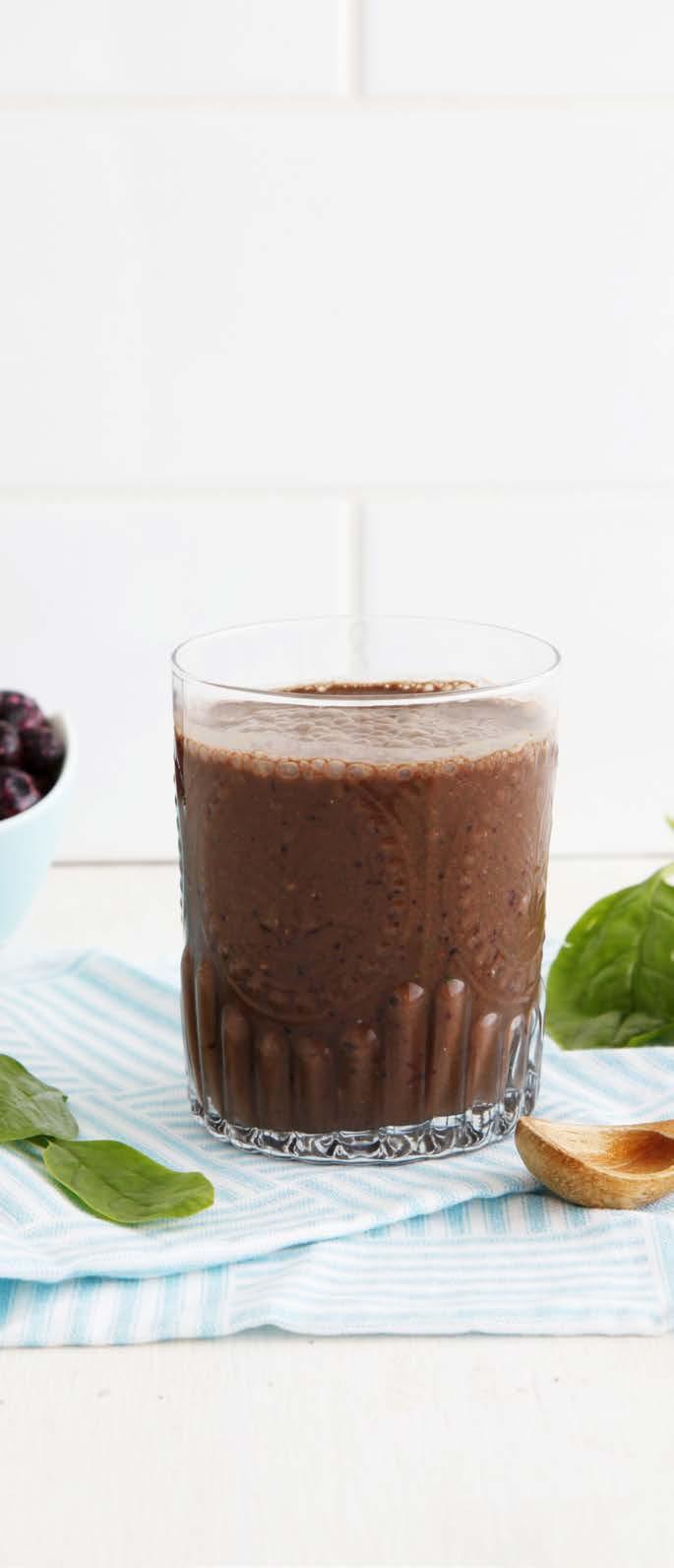 CHOCOLATE SMOOTHIES Chocolate Power SERVES 1 CALORIES PER SERVE: 320 (1344KJ) NUTRITIONAL INFO: PROTEIN: 21G FIBRE: 10G TOTAL FAT: 11G SATURATED FAT: 1G CARBOHYDRATES: 33.