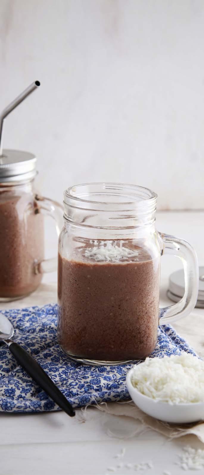 CHOCOLATE SMOOTHIES Hot Coconut Chocolate SERVES 1 CALORIES PER SERVE: 316 (1329KJ) NUTRITIONAL INFO: PROTEIN: 24.4G FIBRE: 8.7G TOTAL FAT: 11.1G SATURATED FAT: 8.3G CARBOHYDRATES: 29.