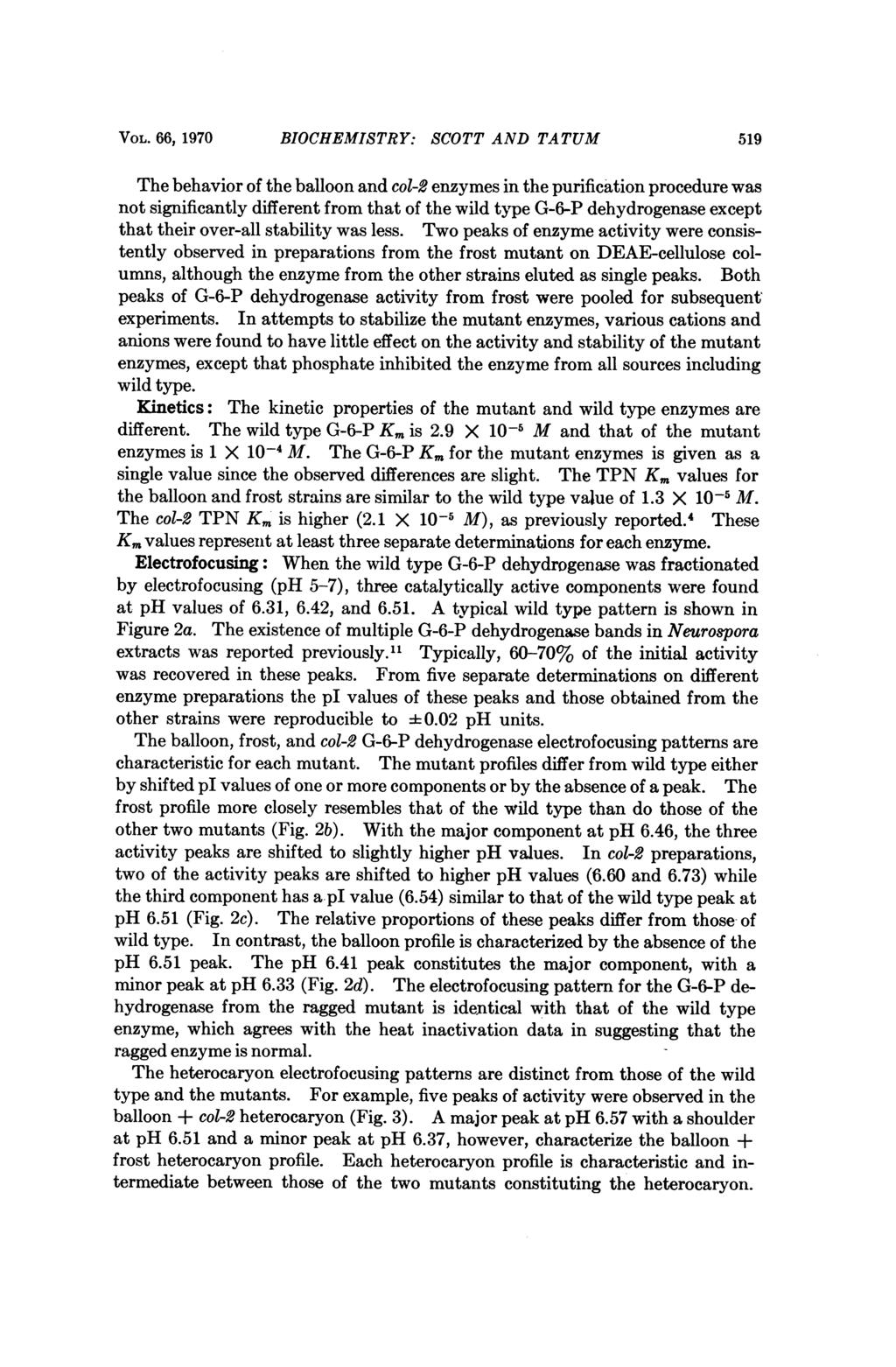 VOL. 66, 1970 BIOCHEMISTRY: SCOTT AND TATUM 519 The behavior of the balloon and col-2 enzymes in the purification procedure was not significantly different from that of the wild type G-6-P