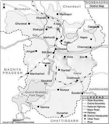 Fig. 1: Map of district Sonebhadra (map not to scale) 2 342 persons per km. It is bounded by Chandauli district been presented by Singh et al., 2007 [20].