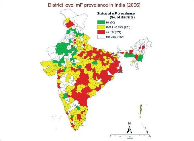 Fig. 2.3: Status of mf prevalence in various districts of India (Source: Vector Control Research Centre, India) 1.4.