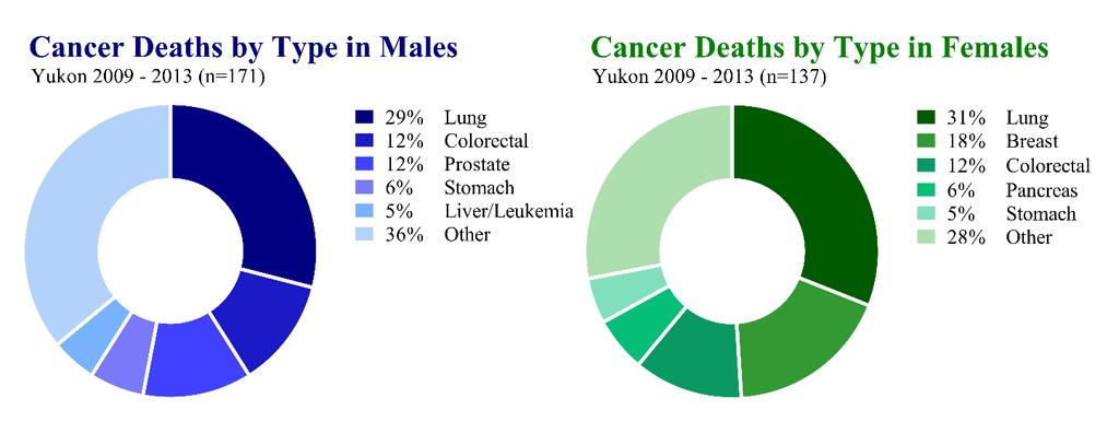 MAJOR CANCERS IN YUKON In the past two decades, lung, colorectal, breast, and prostate cancers were the most common causes of cancer death in Yukon.