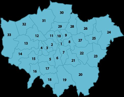 LONDON REGION The London Region comprises of 33 local authority areas of which 32 are London Boroughs and 1 is the City of London Corporation. All of these are single-tier local authorities.