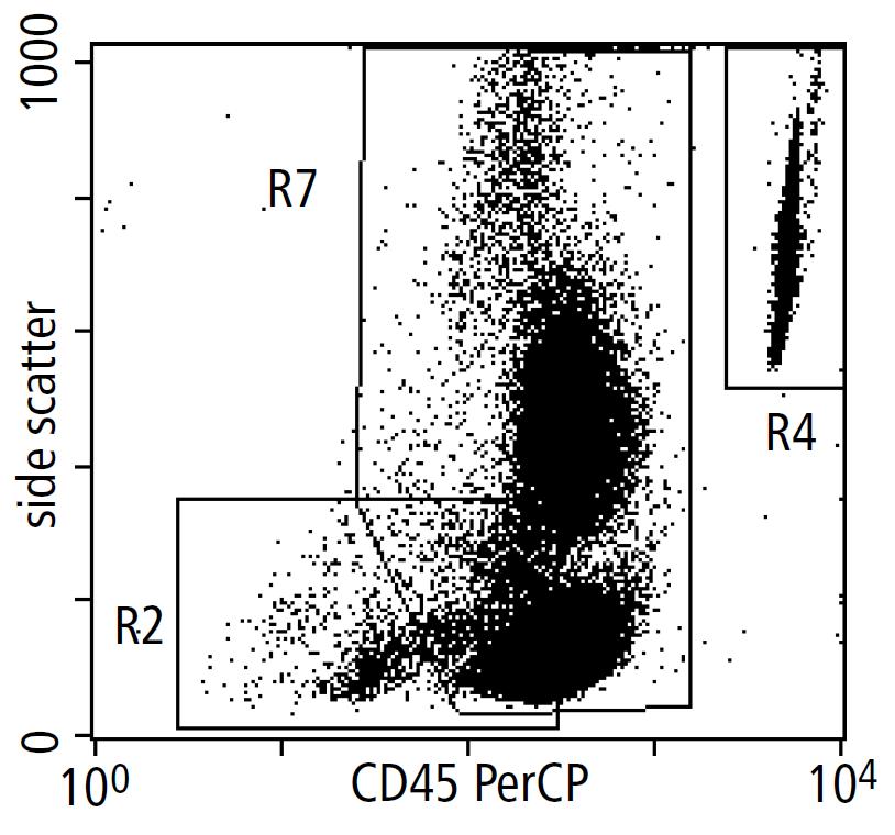 Figure 8 Ungated nucleic acid dye vs SSC dot plot (R1 = lymphocytes, R6 = nucleated cells) If necessary, extend R1 out to the right. (CD34 + stem cells stain brightly with nucleic acid dye.