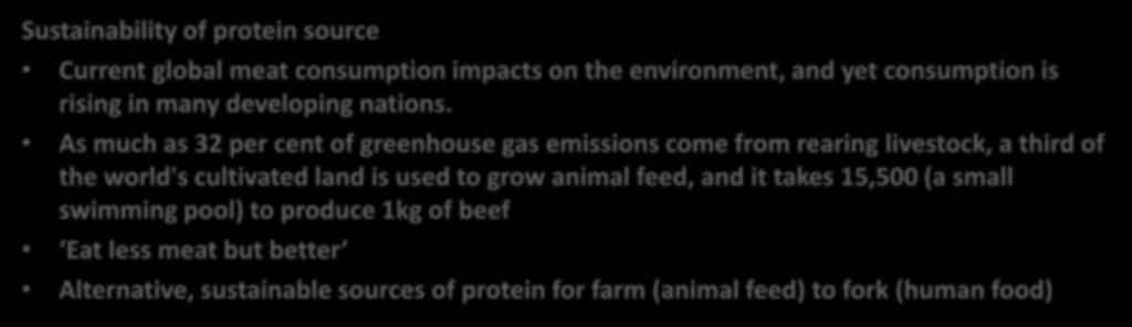 Type of protein : animal and plant sources Sustainability of protein source Current global meat consumption impacts