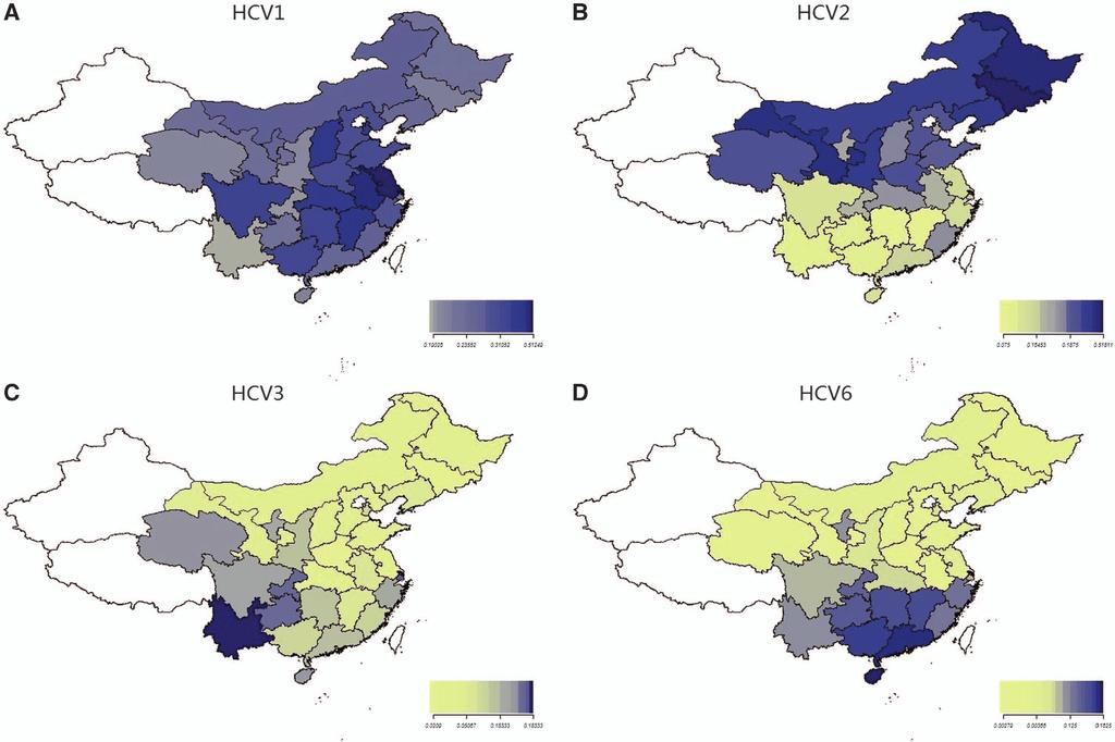 4 Figure 3 Composition of HCV genotypes 1, 2, 3, 6 in Mainland China. (A) The distribution of HCV 1 in Mainland China. (B) The distribution of HCV 2 in Mainland China.