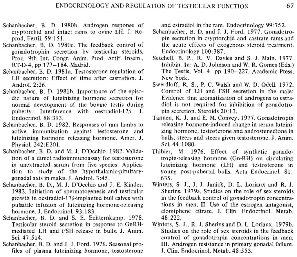 ENDOCRINOLOGY AND REGULATION OF TESTICULAR FUNCTION 67 Schanbacher, B. D. 1980b. Androgen response of cryptorchid and intact rams to ovine LH. J. Reprod. Fertil. 59:151. Schanbacher, B. D. 1980c.