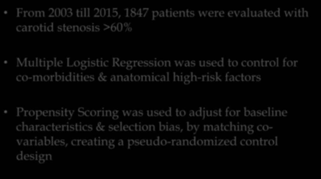 Materials & Methods From 2003 till 2015, 1847 patients were evaluated with carotid stenosis >60% Multiple Logistic Regression was used to control for co-morbidities &