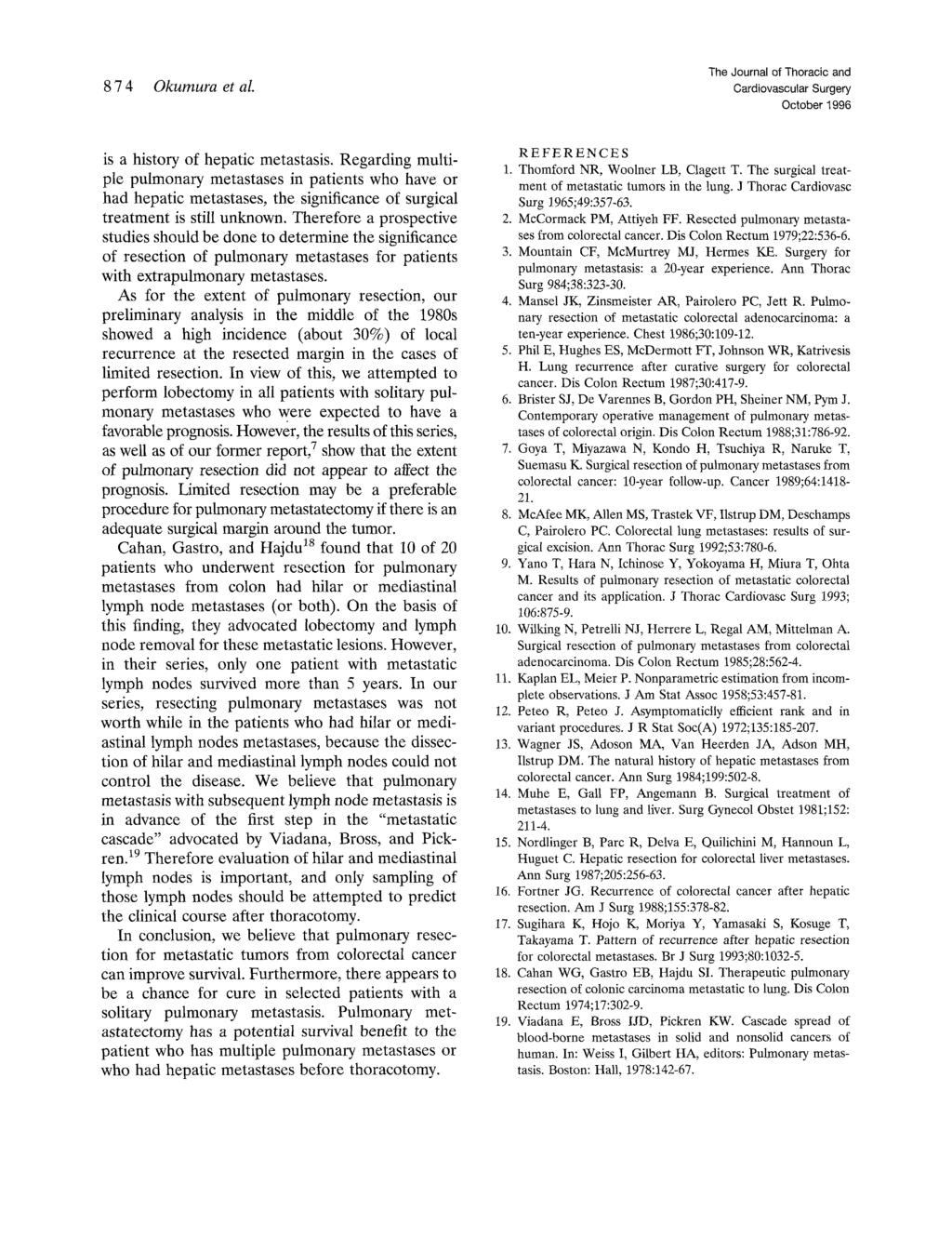 8 7 4 Okumura et al. The Journal of Thoracic and October 1996 is a history of hepatic metastasis.