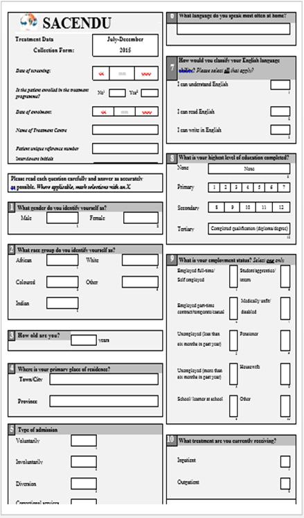 A standardized one page form was completed on each person treated by a given centre during a particular 6- month period. The form consists of forced-choice responses.