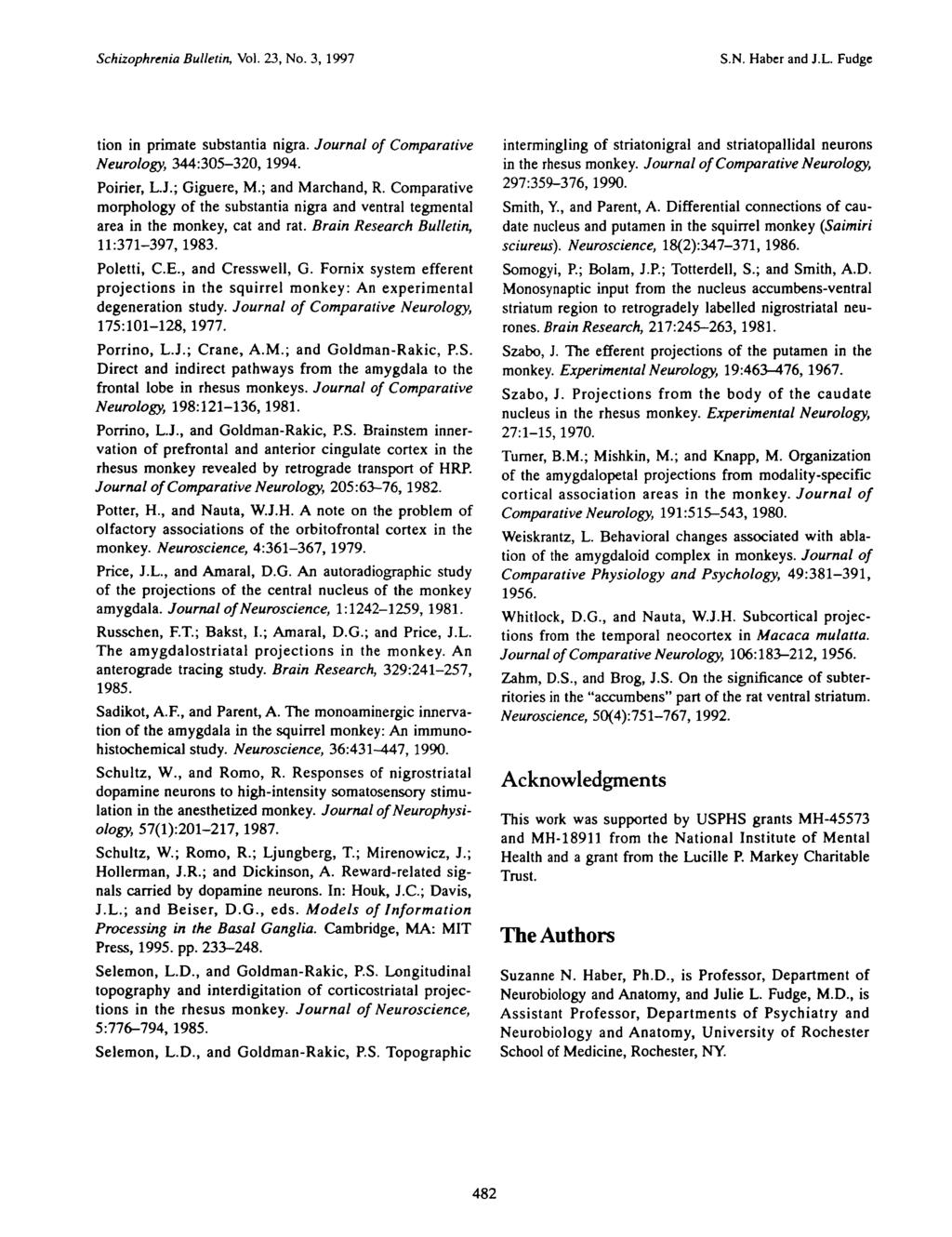 Schizophrenia Bulletin, Vol. 23, No. 3, 1997 S.N. Habcr and J.L. Fudge tion in primate substantia nigra. Journal of Comparative Neurology, 344:305-320,1994. Poirier, L.J.; Giguere, M.