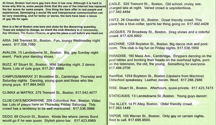 As the text says, "Here is a list of Boston area bars and clubs