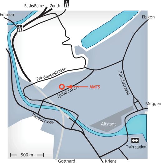 Directions from the city centre: Coming from downtown (train station, lake, old town), you can reach the AMTS either by crossing the Lake Bridge («Seebrücke») and then following the directions