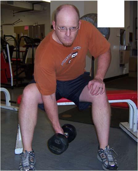 Concentration Curl 1. Sit on a bench or seat. 2. Rotating at the waist and keeping the back straight, place the exercising arm on the inner thigh. 3.