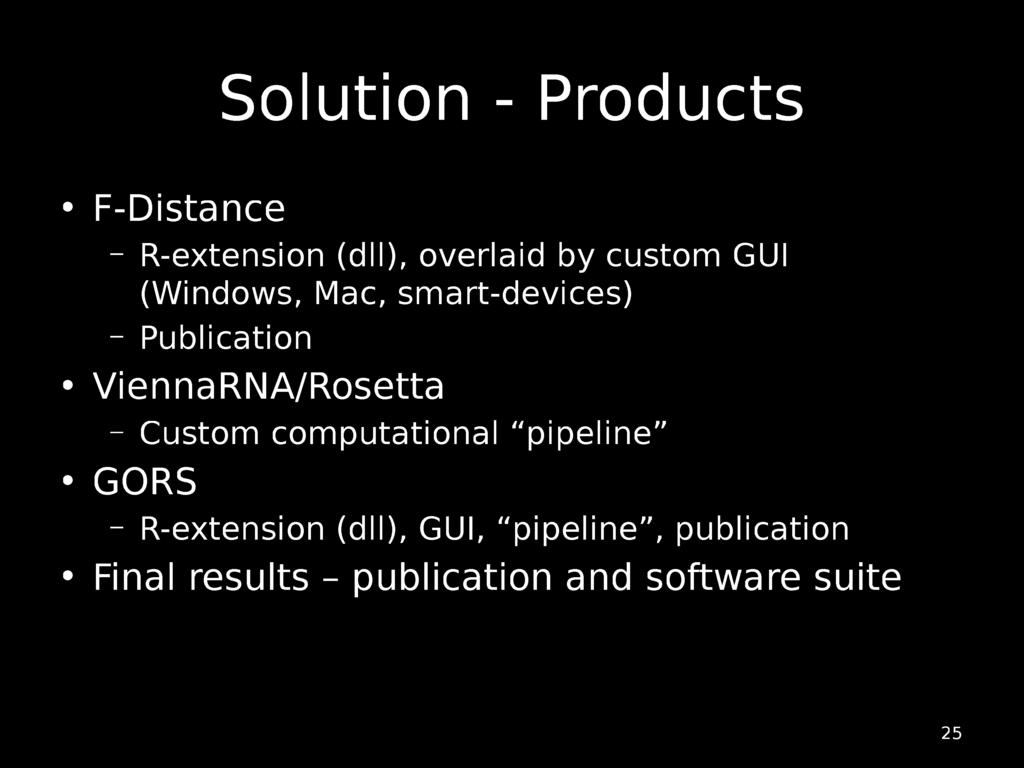 Solution - Products F-Distance - R-extension (dll), overlaid by custom GUI (Windows, Mac, smart-devices) - Publication